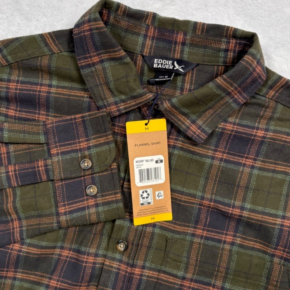 NEW Eddie Bauer Flannel Shirt Men M Green Brown Plaid Long Slv Outdoors Gift $80